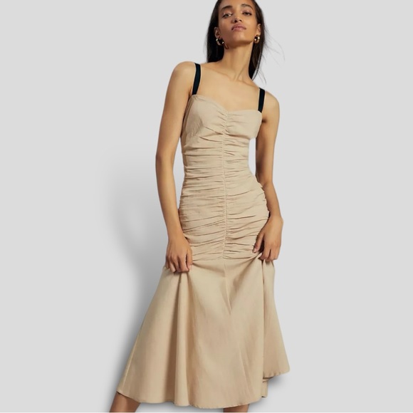 NWT Anthropologie ATSU Ruched Drop Waist Beige Midi Linen Blend Strap Dress - Picture 1 of 14